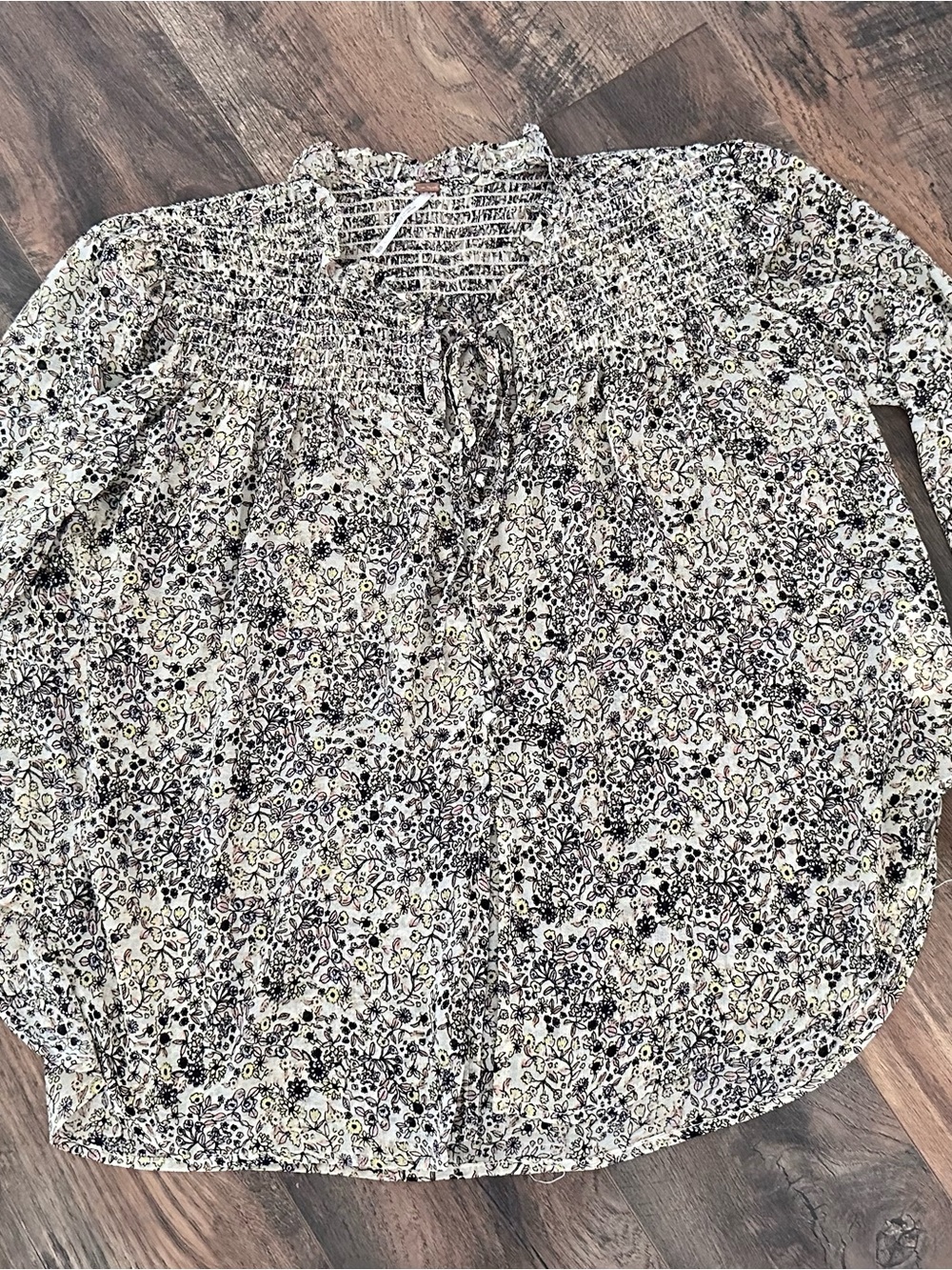 Free People Smocked Yoke Floral Peasant Blouse - Black, yellow and Cream